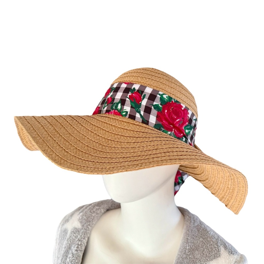 Betsey Johnson Wide Brim Straw Sun Hat with Gingham & Floral Ribbon